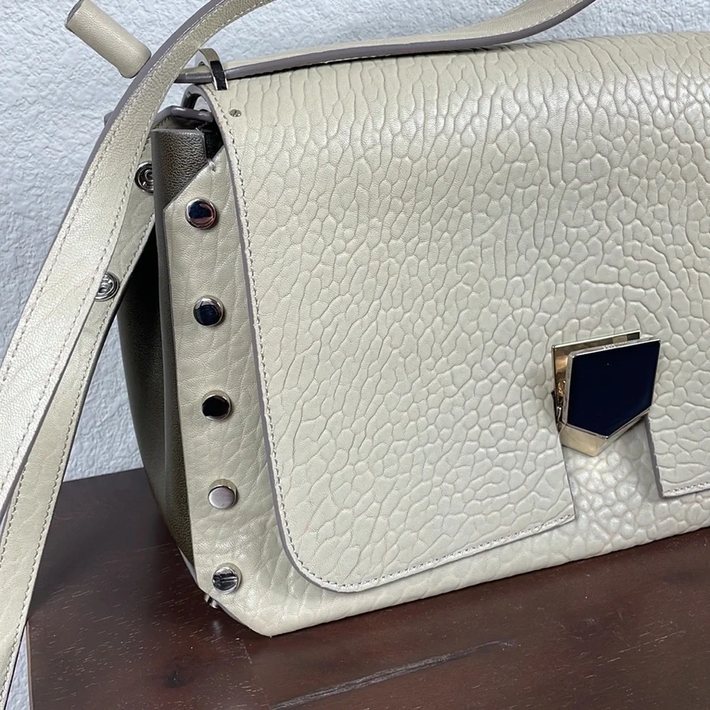 Jimmy Choo Lockett Large Shoulder Bag Hand Bag Satchel Cream Pebbled Leather